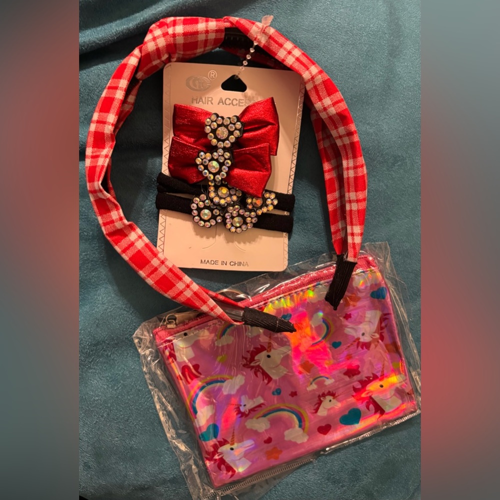Kids Checkered Headband and Unicorn Pouch Set